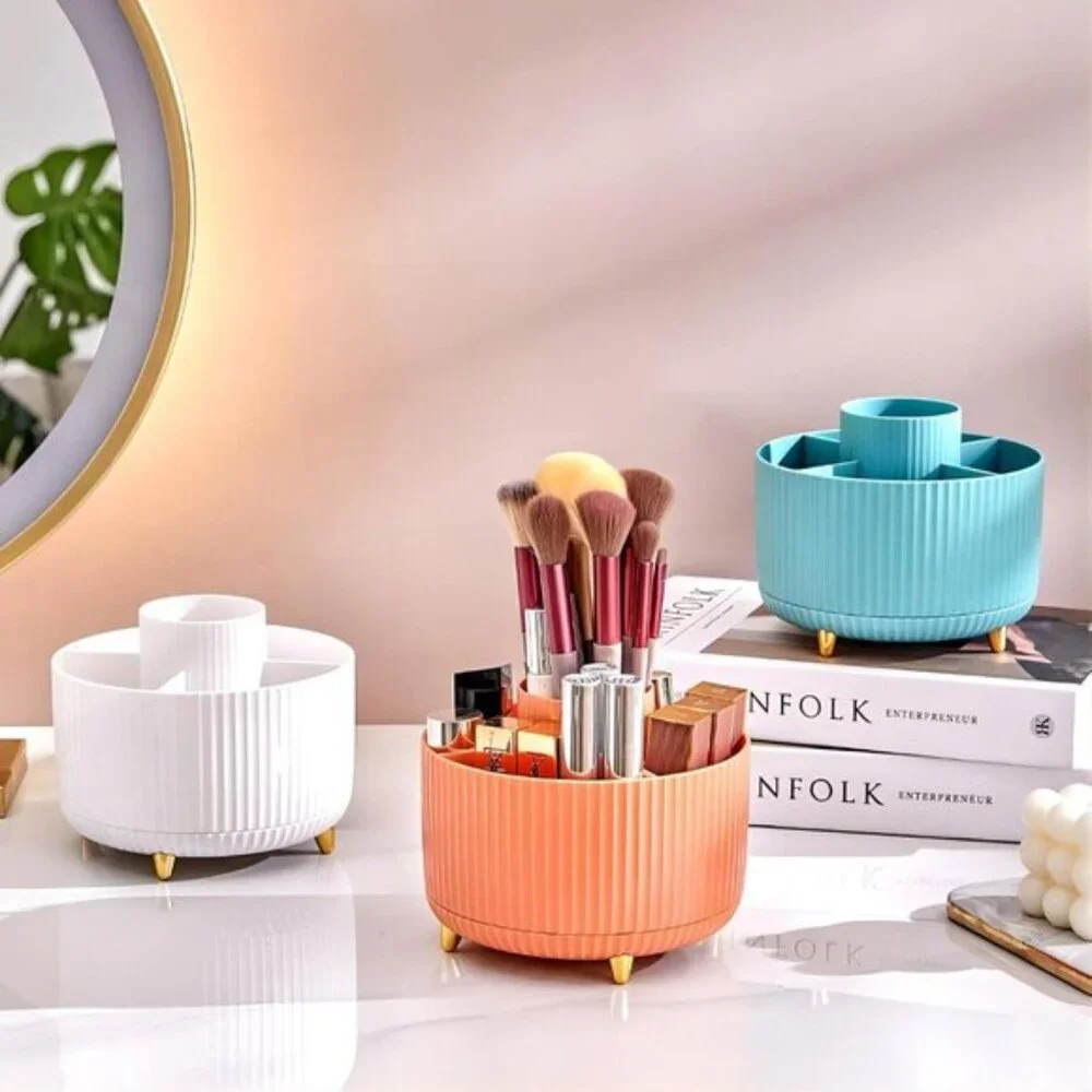 Large Capacity 360° Rotating Makeup Brush Holder, 5-Slot White Vanity Organizer